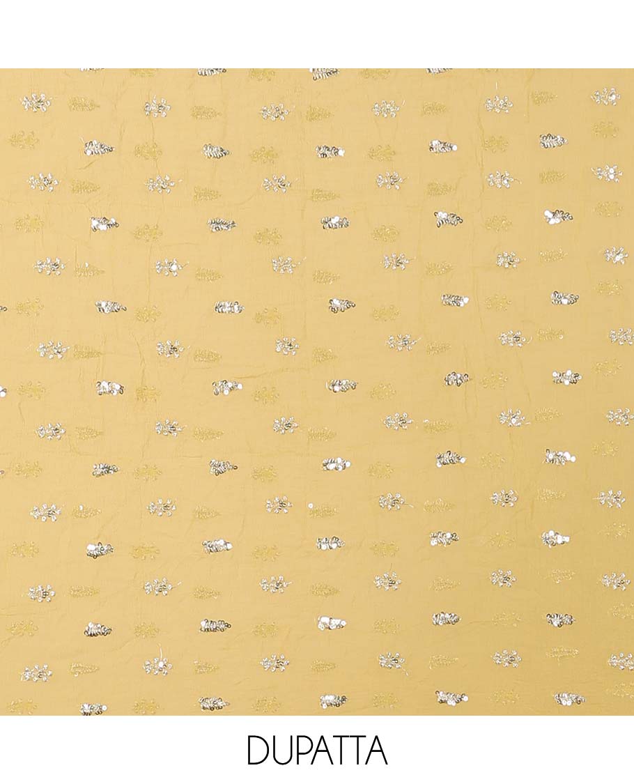 Yellow material chudidhar set, floral print & embroidered top, plain bottom & embroidered dupatta