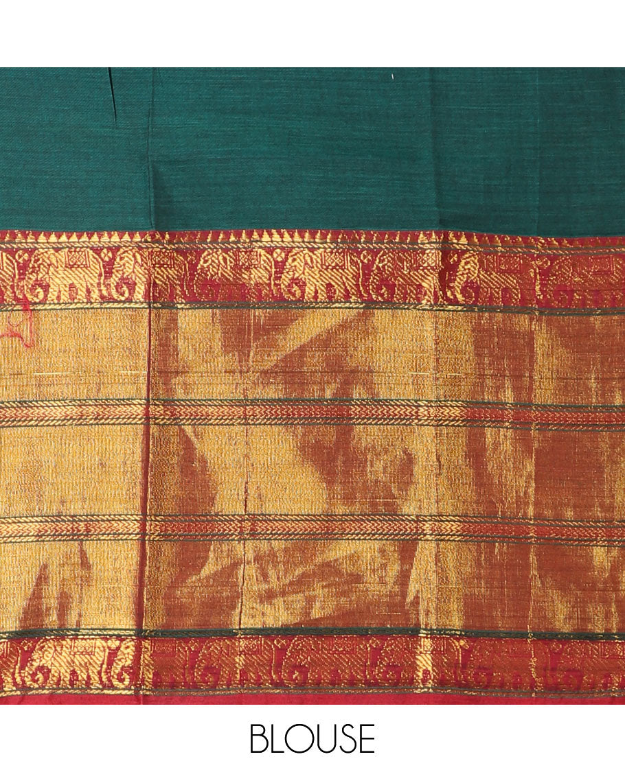 Dark green half-saree, plain with big contrast traditional zari motifs steeped border skirt, matching blouse and a plain zari border contrast dhavani