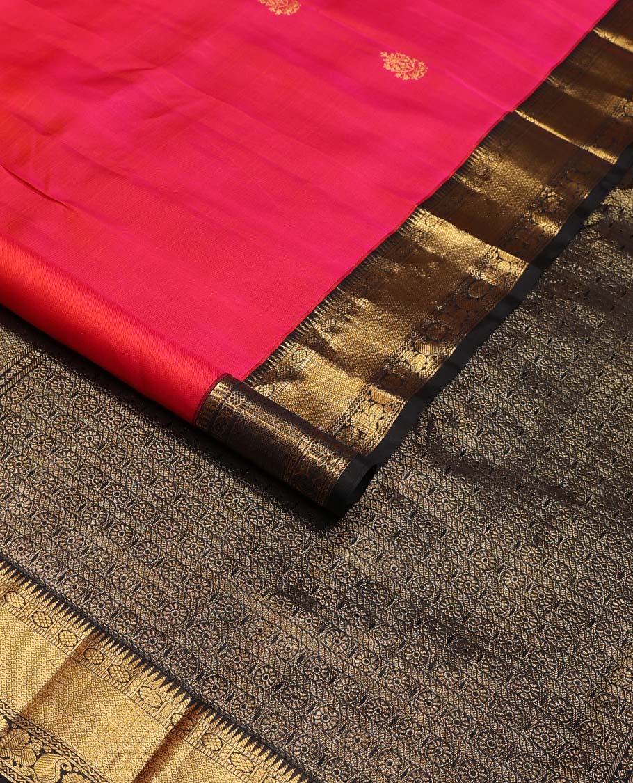 Pink zari buttas Kanchipuram korvai silk saree, contrast neer korvai border of rekku, muthu, laddu kamalam, neli, myil, and manga designs, and pallu of laddu kamalam designs