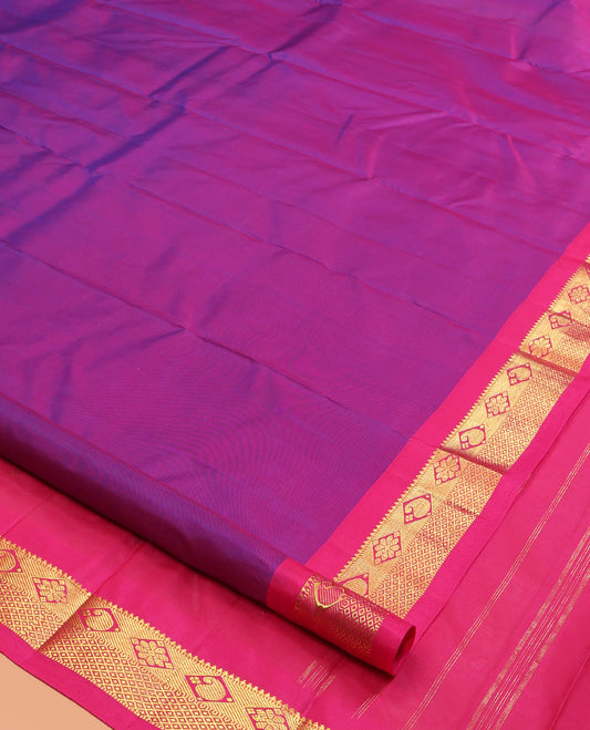 Violet Kanchipuram Silk Saree, Adorned with Zari Buttas, a Contrast Border of Rekku, Manga, Diamond and Mayil Kann Designs, Zari Design Pallu, and a Contrast Blouse