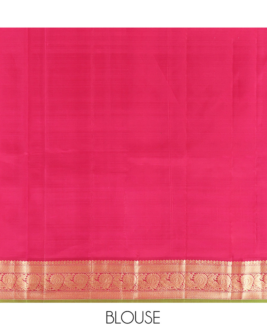 Orange Kanchipuram Silk Saree, Enthralled with Zari Buttas on Its Body, Complemented by a Contrast Border of Thilakam Mokku, Muthu, Mayil Kann, and Mayil Designs, Opulently Embellished Jaal Pallu, and Paired with a Contrast Blouse