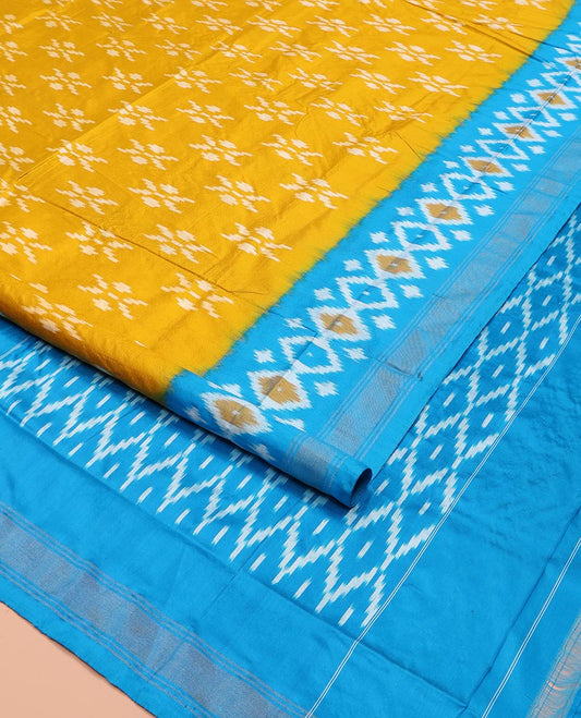 Mustard Ikkat Silk Saree, Masterfully Woven with Ikkat Buttas All Over Its Body, Complemented by a Contrast Diamond-Patterned Border, Pallu of Ikkat Butta Enclosed Checks, and Paired with a Contrast Blouse