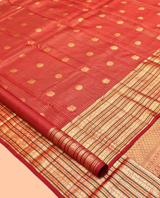 Red Kanchipuram Silk Saree, Woven with Zari Buttas and Checks, a Zari Jacquard Border, Jaal Pallu, and a Matching Blouse