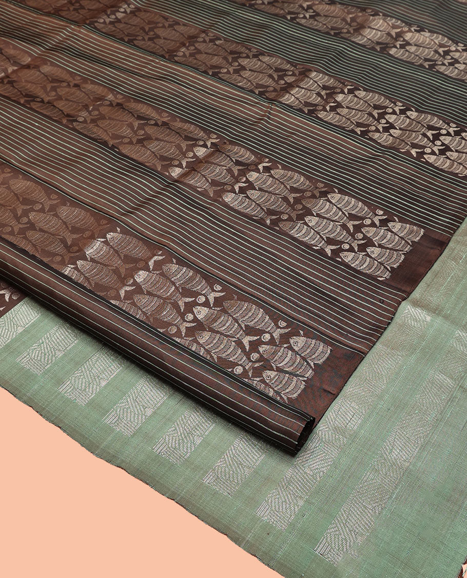 Borderless Brown Mayuri Soft Silk Saree, Ornamented with Stripes and Fish Buttas All Over Its Body, Complemented by a Contrast Geometric Design Pallu, and Paired with a Contrast Blouse