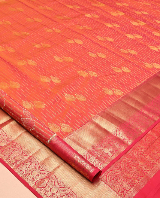 Orange Vasundhara Lite Silk Mix Saree, Beautified with Zari Buttas, a Contrast Border of Thilakam Mokku, Rudraksham, Mayil Kann, and Zari Designs, Grand Pallu, and a Contrast Blouse