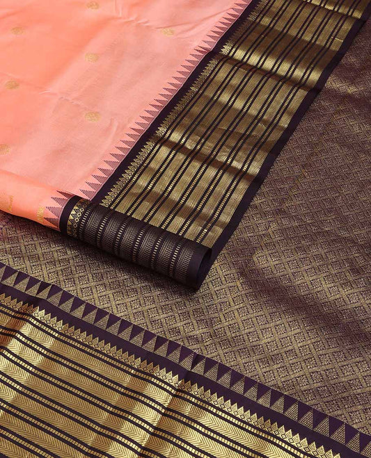 Peach buttas silk saree with contrast border of rekku, thilakam mokku, muthu, kathir design & floral enclosed checked design pallu