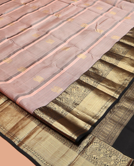 Pink Vasundhara Silk Saree, Accentuated with Zari Buttas and Stripes, Complemented by Contrast Border of Rekku, Muthu, Rudraksham, and Mayil Designs, Grand Pallu, and a Contrast Blouse
