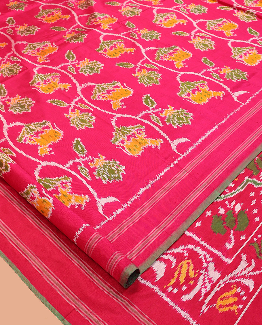 Pink Floral-Pichwai Cow Pochampally Ikat Saree, a Self-Border