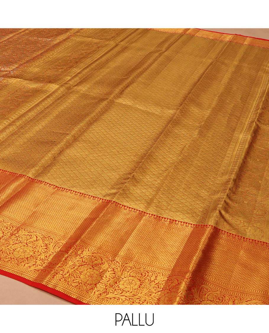 Red Kanchipuram Tissue Silk Saree, Richly Detailed with Floral Jaal Jacquard Design On Its Body, Highlighted by Zari Border of Thilakam Mokku, Muthu, Mayil Kann, and Kodi Visiry Designs, Grand Jaal Pallu, and Paired with a Matching Blouse