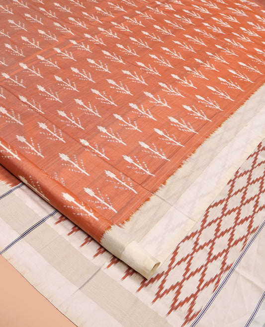 Peach Pochampally Ikat Silk Saree, Subtly Sparkled with Floral Ikkat Buttas on Its Body, Complemented by a Contrast Border, Pallu of Jaal-Pattern in Ikkat Weave, and Paired with a Contrast Blouse