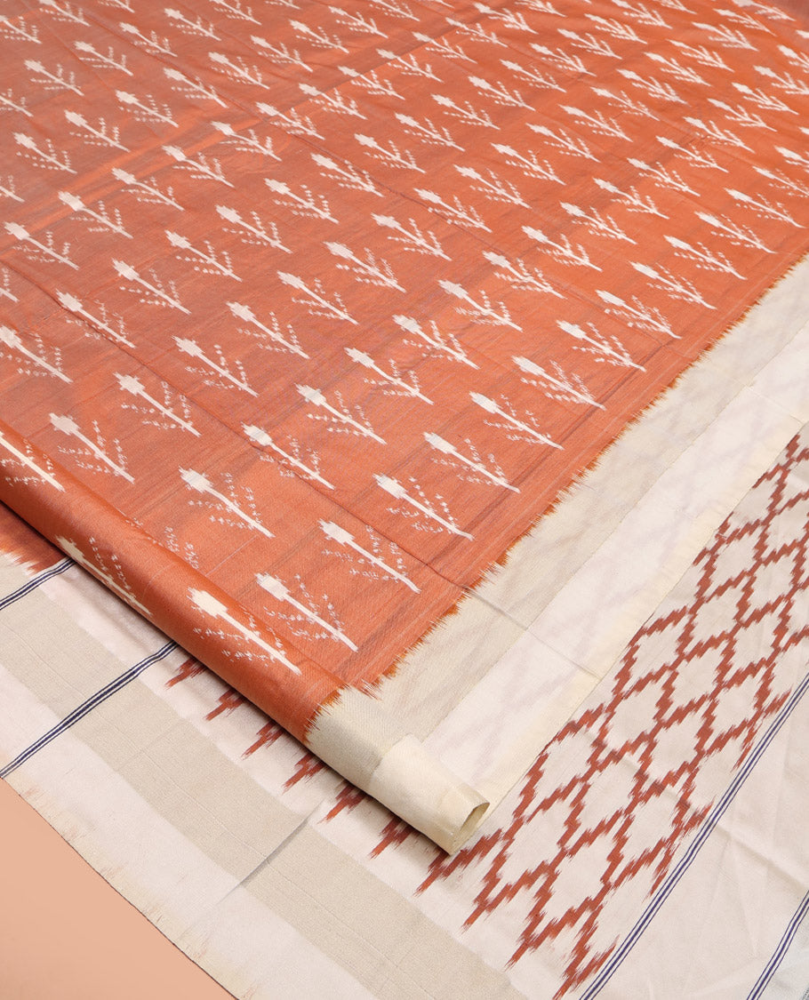 Peach Pochampally Ikat Silk Saree, Subtly Sparkled with Floral Ikkat Buttas on Its Body, Complemented by a Contrast Border, Pallu of Jaal-Pattern in Ikkat Weave, and Paired with a Contrast Blouse