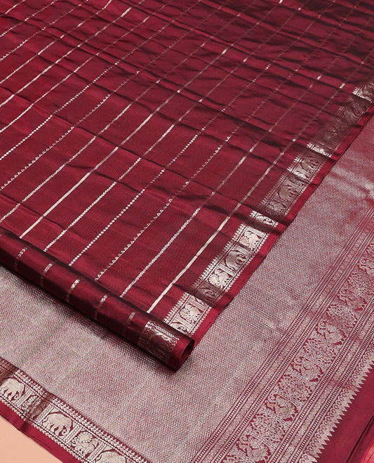 Maroon zari design Kanchipuram silk saree, zari border of reeku, kathir, muthu, yaanai, and mayil designs, and vanki design pallu