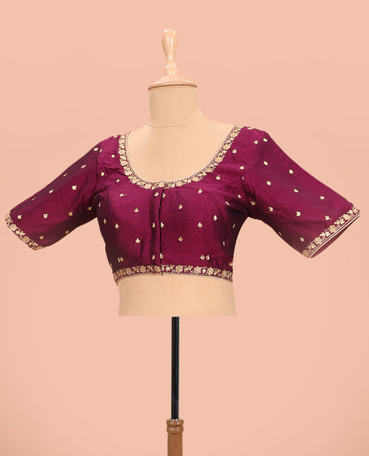 Wine embroidered round neck with elbow sleeve  raw-silk blouse