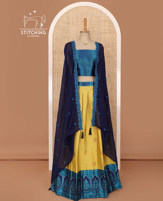 Yellow lehenga set, embossed & zari buttas with contrast Mughal motifs stone work border skirt, jacquard embroidered blouse & floral embroidered scallop border dhavani  with belt