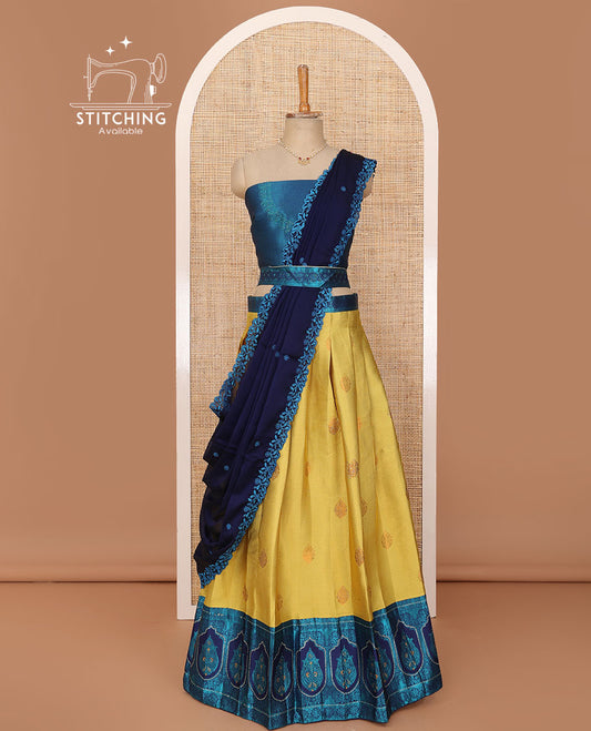 Yellow lehenga set, embossed & zari buttas with contrast Mughal motifs stone work border skirt, jacquard embroidered blouse & floral embroidered scallop border dhavani  with belt