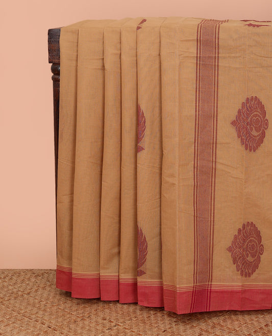 Brown buttas Kanchi cotton saree, contrast border, and pallu of stripes, and buttas