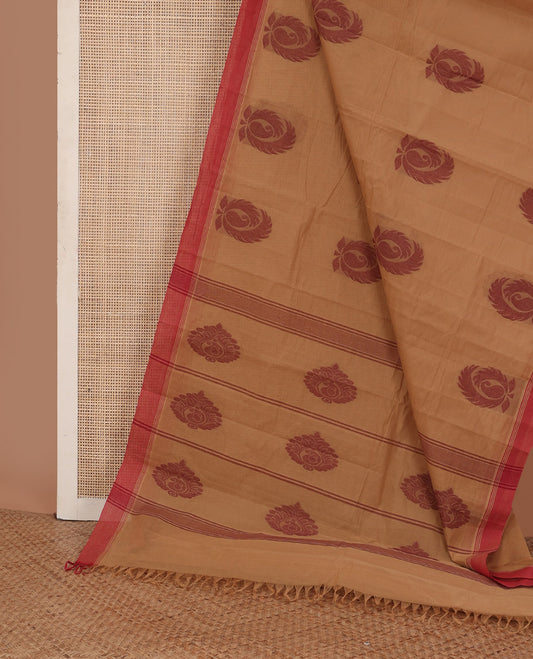 Brown buttas Kanchi cotton saree, contrast border, and pallu of stripes, and buttas