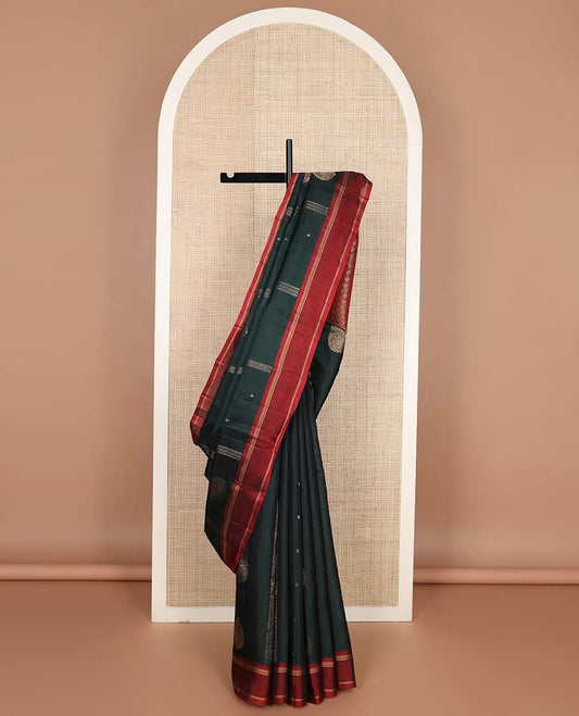 Green zari buttas silk mix saree, contrast rettai pettu zari striped border & pallu of jaal designs