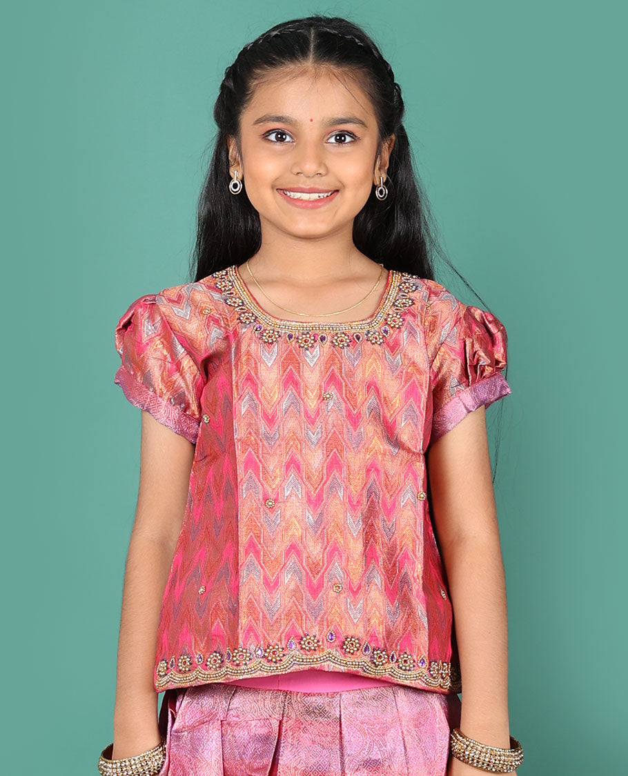 Pink readymade art silk pavadai, jacquard & contrast traditional border skirt & jacquard & embroidery round neck puff-sleeve blouse