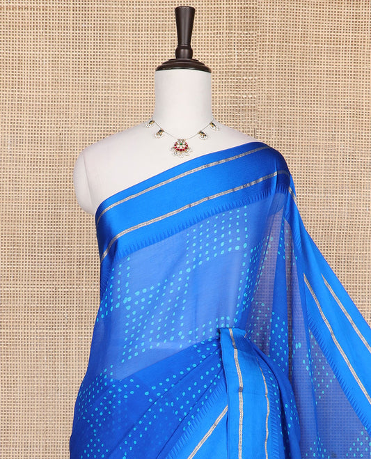 Blue geometric design chiffon saree with self border & striped pallu