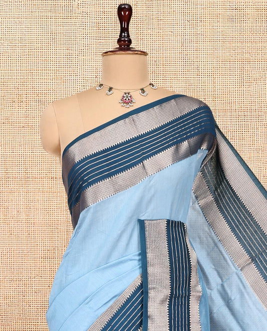 Blue Plain Assam Silk Saree, Complemented by a Contrast Traditional Zari Border, Zari-Striped Pallu, and a Contrast Blouse