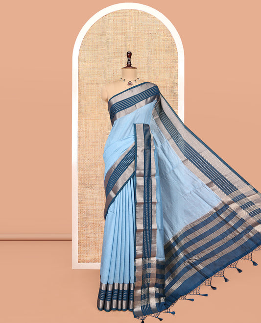 Blue Plain Assam Silk Saree, Complemented by a Contrast Traditional Zari Border, Zari-Striped Pallu, and a Contrast Blouse