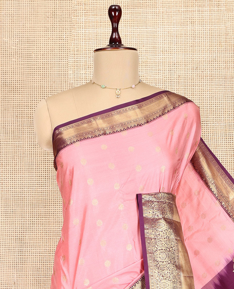 Pink Budget Silk Saree Featuring Zari Buttas, Complemented by Contrast Traditional Border, Grand Pallu, and a Contrast Blouse