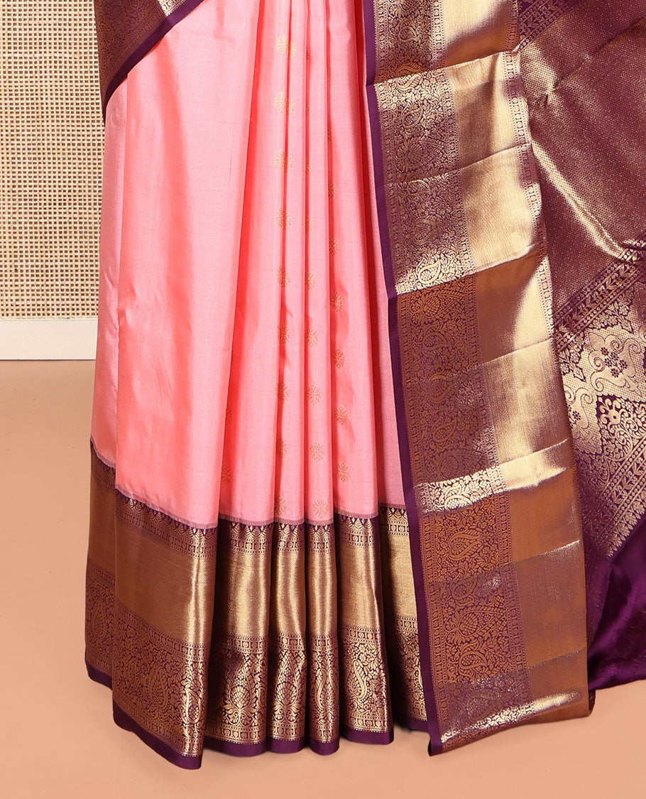 Pink Budget Silk Saree Featuring Zari Buttas, Complemented by Contrast Traditional Border, Grand Pallu, and a Contrast Blouse