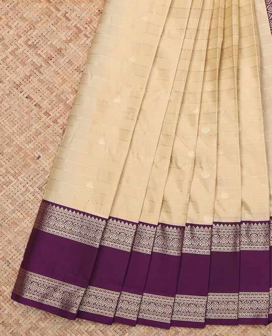 Light Sandal Budget Silk Saree, Subtly Sparkled with Zari Buttas and Stripes, a Contrast Traditional Zari Rettai Pettu Border, Grand Pallu, and a Contrast Blouse