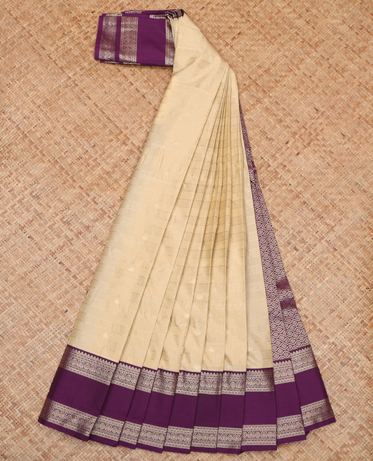 Light Sandal Budget Silk Saree, Subtly Sparkled with Zari Buttas and Stripes, a Contrast Traditional Zari Rettai Pettu Border, Grand Pallu, and a Contrast Blouse