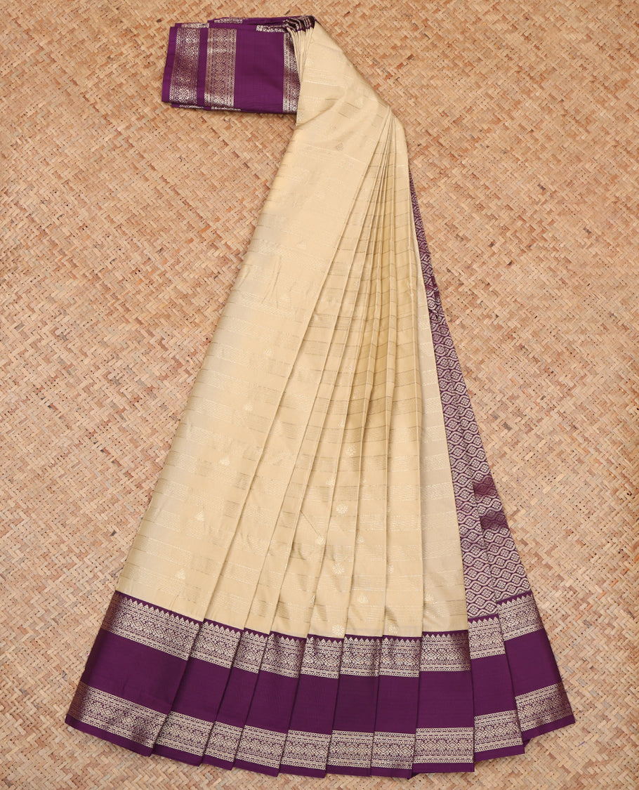 Light Sandal Budget Silk Saree, Subtly Sparkled with Zari Buttas and Stripes, a Contrast Traditional Zari Rettai Pettu Border, Grand Pallu, and a Contrast Blouse