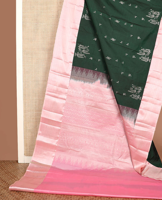 Green zari buttas gift saree, contrast traditional zari border, and pallu of intricate designs