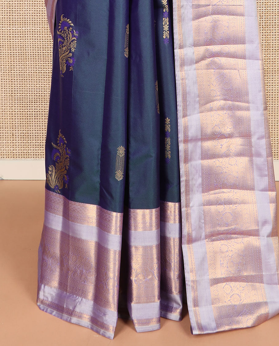 Blue floral zari buttas budget silk saree, contrast traditional zari design border, and zari-rich pallu