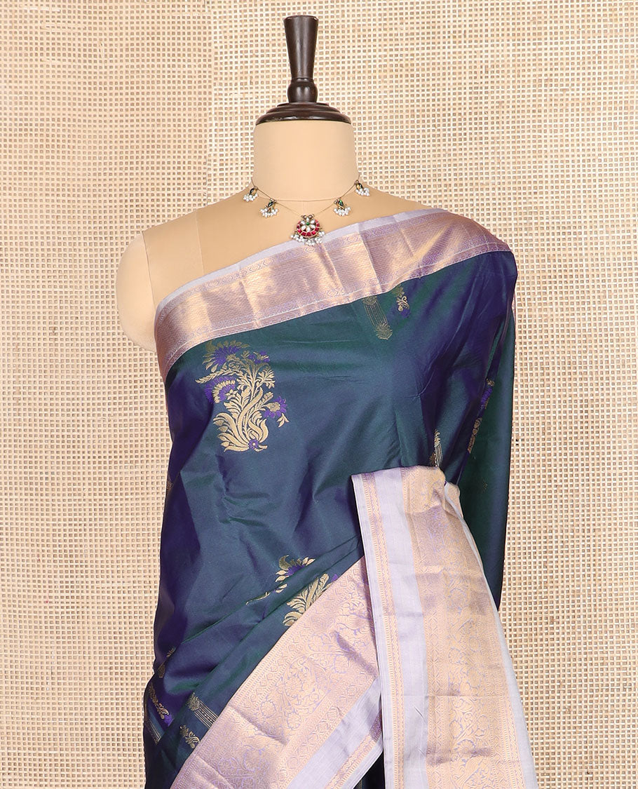 Blue floral zari buttas budget silk saree, contrast traditional zari design border, and zari-rich pallu