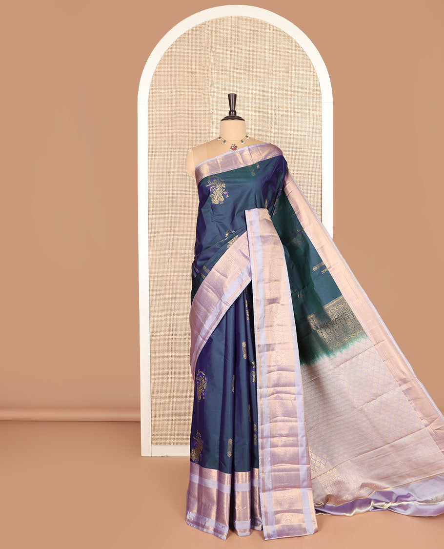 Blue floral zari buttas budget silk saree, contrast traditional zari design border, and zari-rich pallu