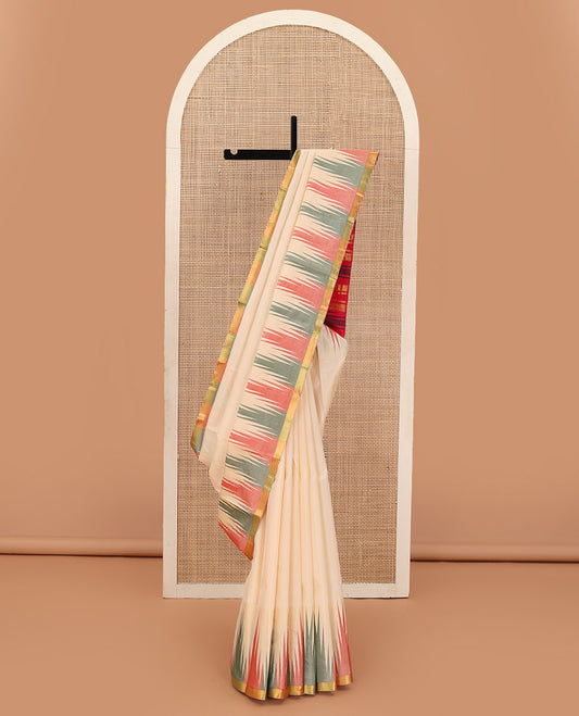 Sandal plain Bangalore silk saree, contrast ganga jamuna temple border, and temple design pallu