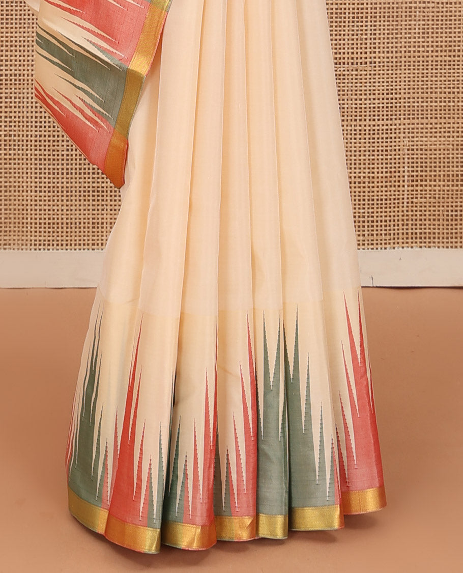 Sandal plain Bangalore silk saree, contrast ganga jamuna temple border, and temple design pallu
