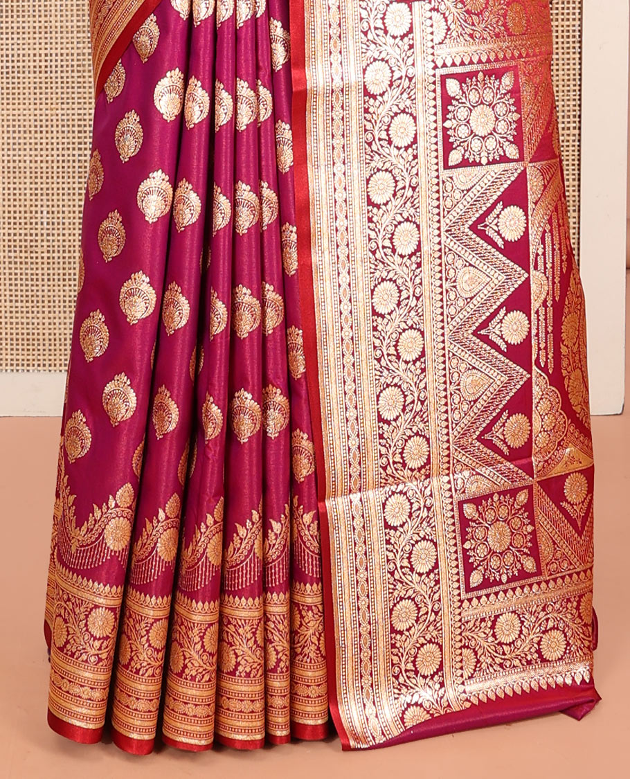 Magenta Banarasi Nylon Saree, Embellished with Zari Buttas, a Traditional Zari Border, Intricate Pallu, and a Matching Blouse