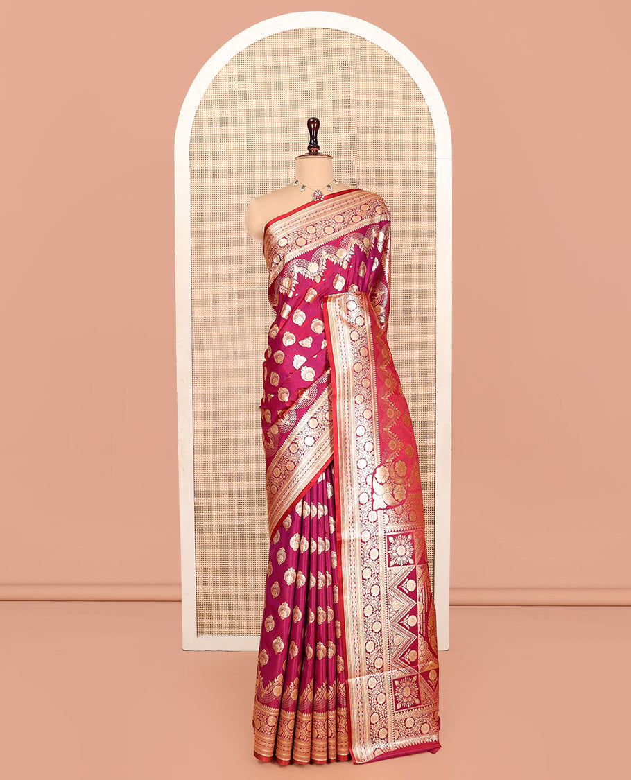 Magenta Banarasi Nylon Saree, Embellished with Zari Buttas, a Traditional Zari Border, Intricate Pallu, and a Matching Blouse