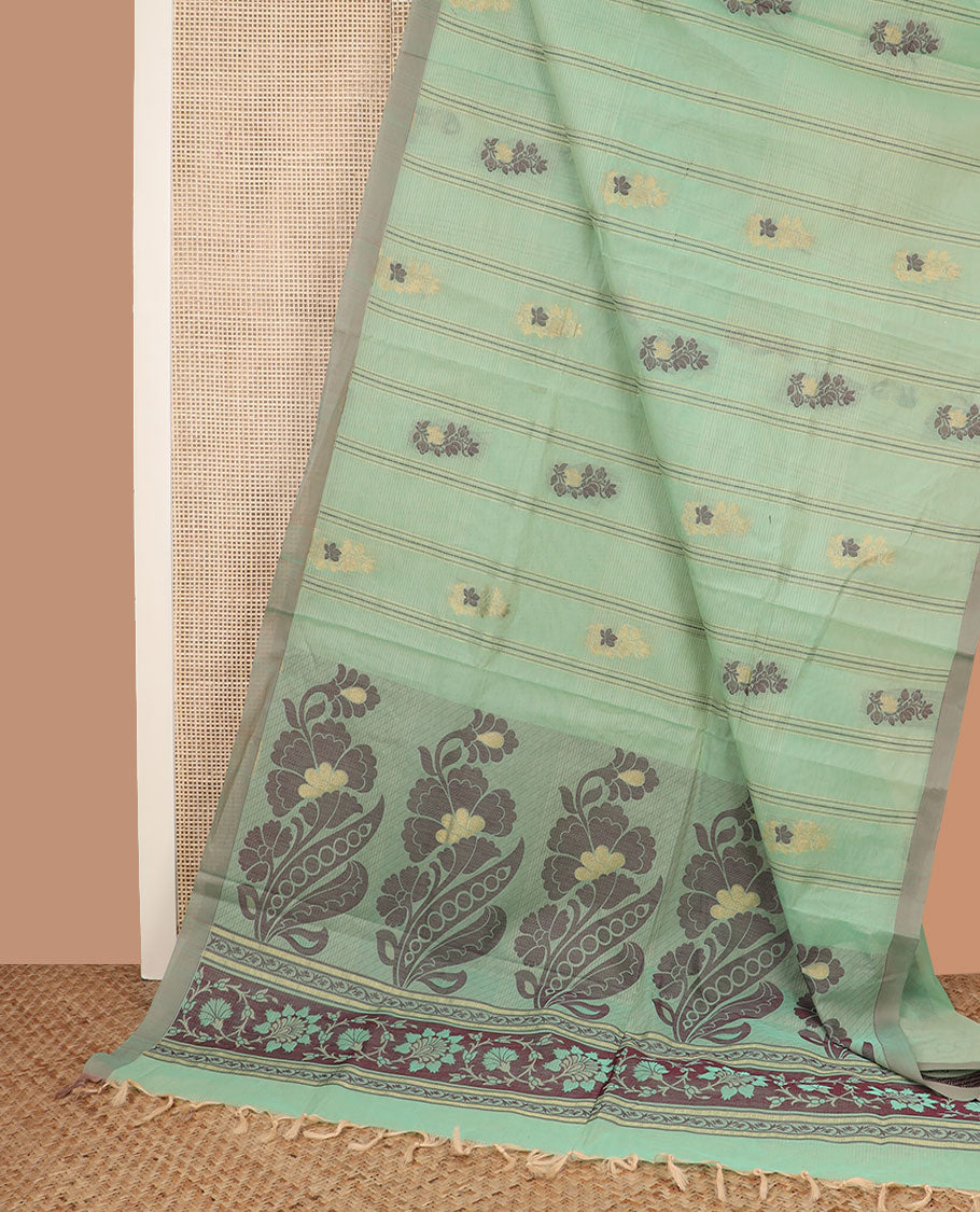 Green striped and floral buttas coimbatore cotton saree, floral design pallu