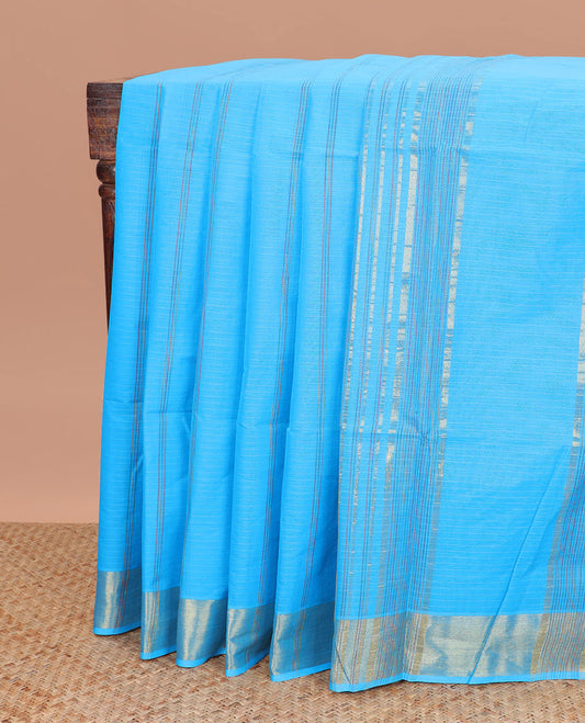 Blue striped jute cotton saree with self zari design border & striped pallu