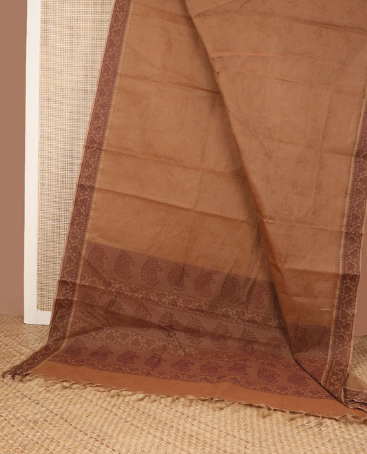 Light brown, sparely woven leaf motifs Coimbatore cotton saree, temple-floral creeper border, & contrast floral-paisley pallu