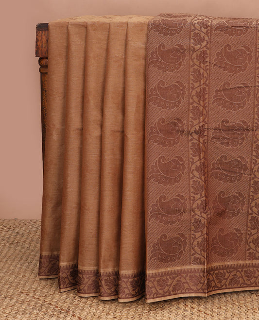 Light brown, sparely woven leaf motifs Coimbatore cotton saree, temple-floral creeper border, & contrast floral-paisley pallu