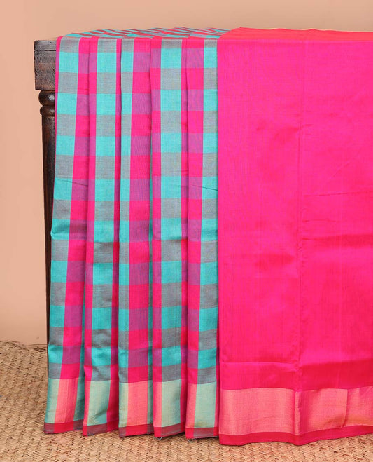Multi-color medium checked design poly cotton saree, self-border, and contrast striped pallu