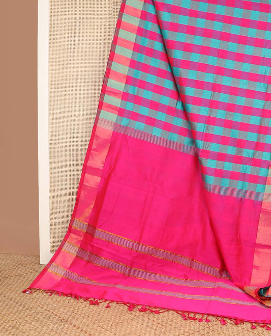 Multi-color medium checked design poly cotton saree, self-border, and contrast striped pallu