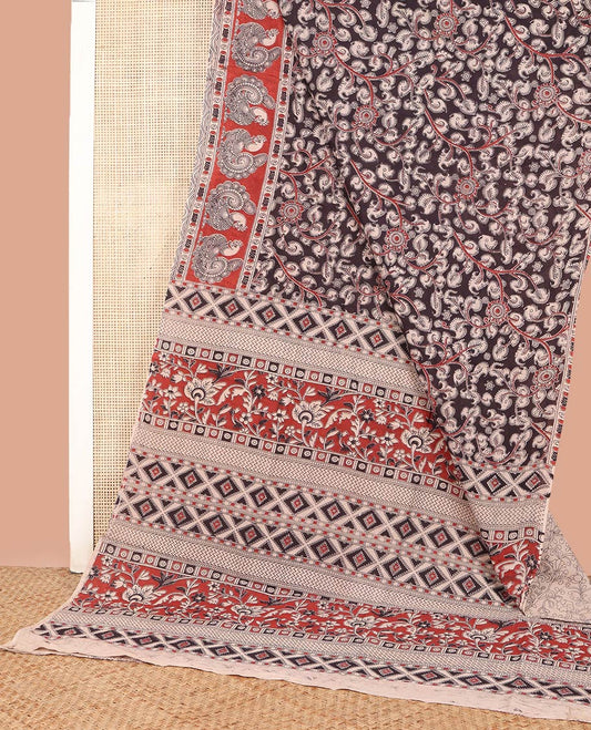 Black Machine-Printed Kalamkari Cotton Saree, Artfully Printed with Floral Vine on Its Body, Contrast-Peacock Motifs Printed Border, Pallu of Floral-Diamond Print, and Paired with a Printed Blouse