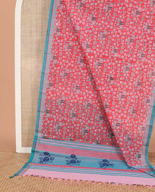 Red kalamkari-style floral vine & elephant chirala cotton saree, contrast traditional design border & pallu of stripes & floral design