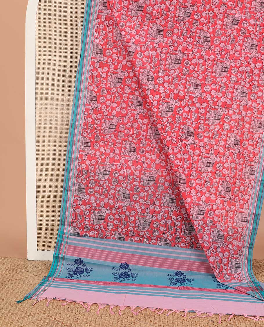 Red kalamkari-style floral vine & elephant chirala cotton saree, contrast traditional design border & pallu of stripes & floral design