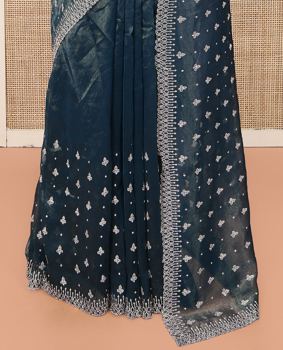 Blue Designer Saree, Beautified with Stonework Buttas, a Scallop Stonework Border, and Matching Blouse