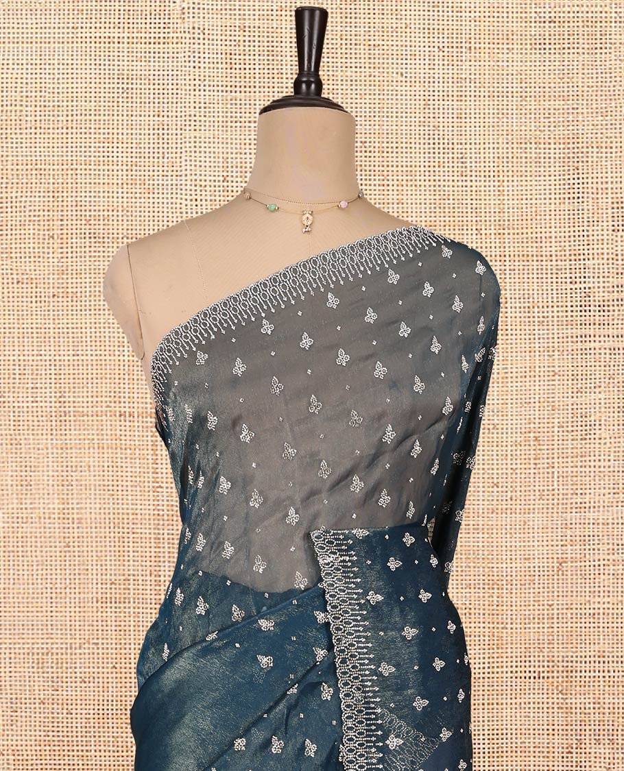 Blue Designer Saree, Beautified with Stonework Buttas, a Scallop Stonework Border, and Matching Blouse